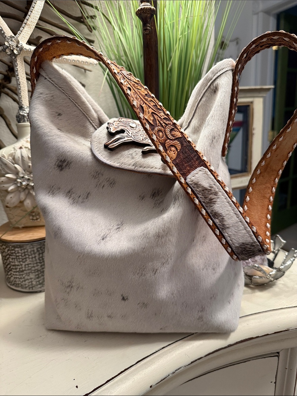 White Spotted Haircalf Shoulder Bag with Tooled Leather Strap